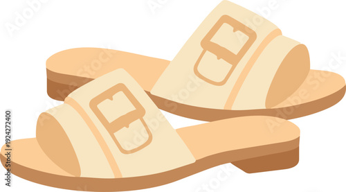 A pair of beige slide sandals with wide straps and large buckles is illustrated in a simple flat design agains