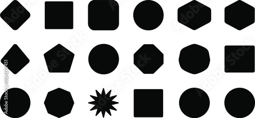 Geometric, shapes, silhouettes, icons, circle, square, hexagon, polygon, abstract, design, symbols, minimal, collection, vector, illustration, isolated, black, set, template, elements