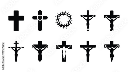 Good friday silhouette logo bundle with various christian cross symbols and crucifixion icons on white background for easter or religious designs