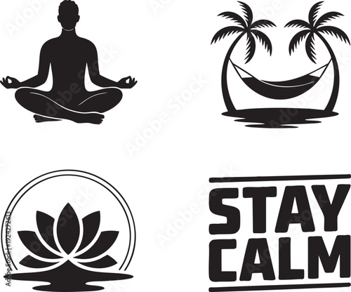 Person meditating in lotus pose with yoga symbol and tropical beach hammock
