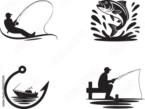 Fisherman casting line from boat, jumping fish, fishing hook with boat and dock
