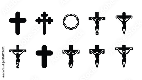 Good friday silhouette logo bundle with various cross designs and a crown of thorns on white background for easter and christian themes