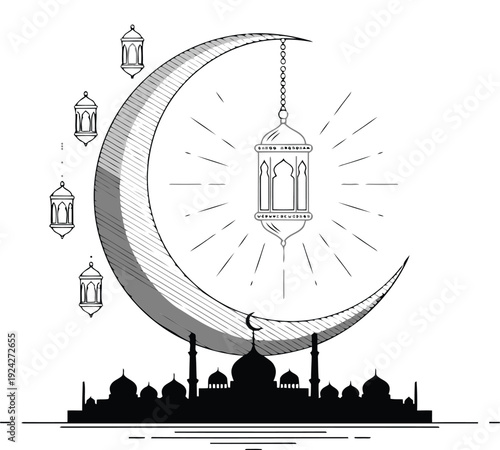 Elegant illustration of a mosque lantern under a crescent moon with silhouetted worshippers