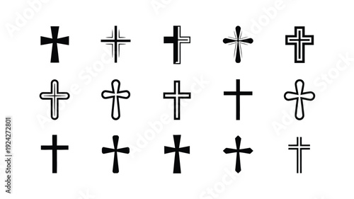 Minimalist cross symbol set featuring twelve unique designs in black and white on a plain background for graphic design use