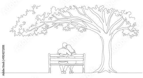 Person sitting at desk under large tree lost in thought or work in serene environment