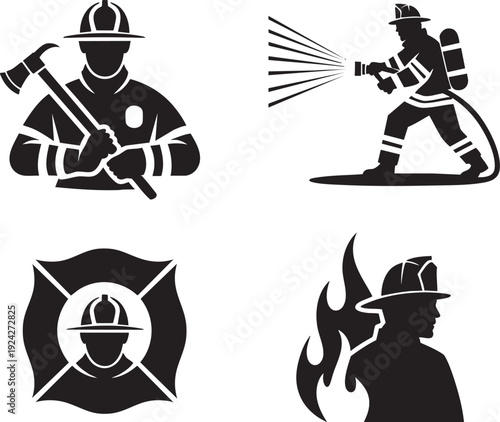 Firefighter set with axe, hose, helmet, and fire symbol, representing safety and bravery