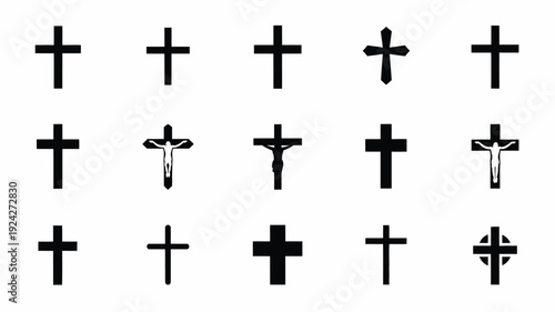 Collection of various christian cross symbols and silhouettes on white background for good friday or easter