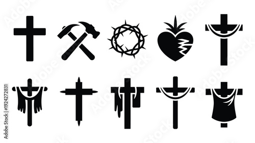 Good friday icons set including crosses crown of thorns heart with nails and crucifixion symbols on white background
