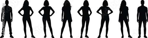 Black silhouette illustration of eight people standing in upright poses symbolizing gender, identity, diversity, fashion, and representation themes