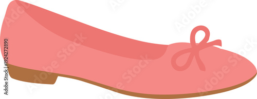 A pink ballet flat with a small bow on the front is illustrated in a simple flat design agains