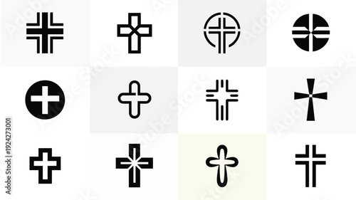 Collection of modern minimalist cross symbols and plus signs in black on white background for design and branding