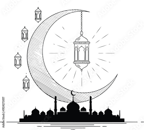 Elegant moonlit illustration featuring lanterns and a mosque silhouette at dusk
