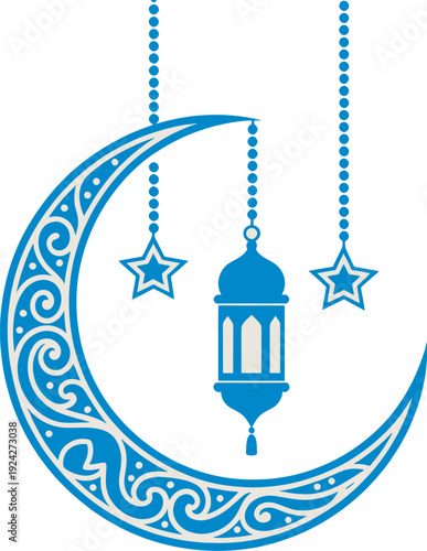 Elegant islamic crescent moon with lanterns and stars decorative illustration