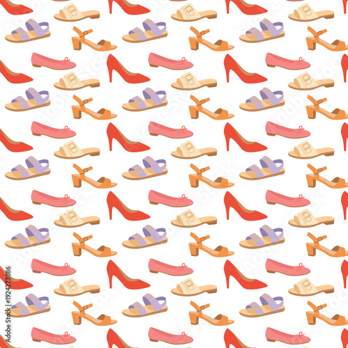 A seamless pattern featuring various colorful women’s shoes, including heels, flats, and sandals, is illustrated in a flat design on a light background.