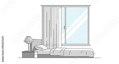 Modern Bedroom Interior Design Sketch with Large Window.