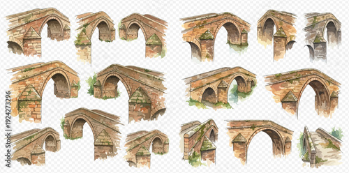 A beautiful collection of watercolor paintings of old, mossy stone bridges isolated on a transparent background.