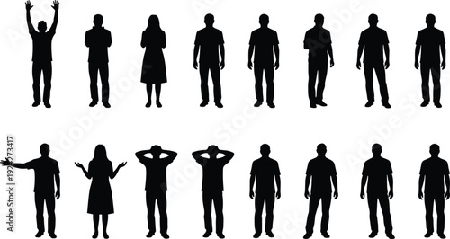 Black silhouette illustration of sixteen people in diverse gesture and posture poses symbolizing body language, identity, and representation themes