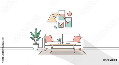 Modern living room interior with geometric wall art and sofa.