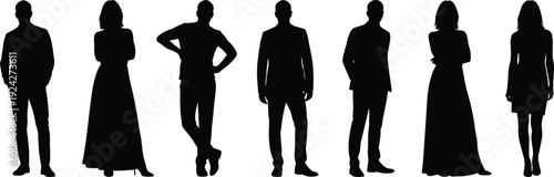 Black silhouette illustration of seven people standing in diverse attire and poses symbolizing fashion, identity, posture, and representation themes