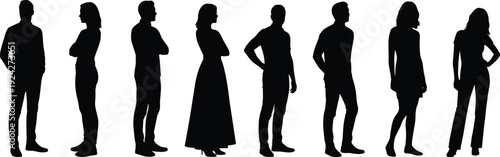 Black silhouette illustration of eight people standing in diverse poses and attire symbolizing fashion, identity, posture, and representation themes