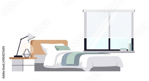 Cozy bedroom interior with a comfortable bed and bedside table.