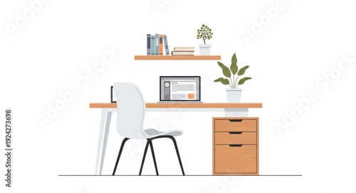 Modern home office desk setup with laptop and chair.