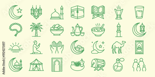 Premium Ramadan vector icon bundle containing Islamic holiday symbols and traditional Muslim celebration elements for professional graphic design UI projects