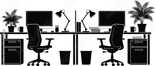 Premium Modern Office Workspace Setup with Dual Desk, Ergonomic Chairs, Monitors, Lamps, Plants, Storage Cabinets, and Accessories for Productive Collaboration