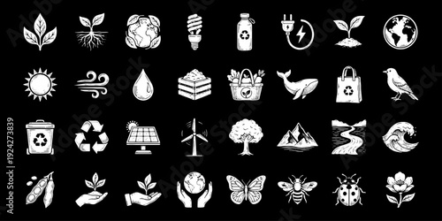 Glyph ecology vector icon bundle containing solid sustainability symbols for environmental nature conservation graphic design web application UI layout projects