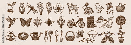 Gemini said
Rustic spring linocut vector icon bundle containing vintage nature gardening flora fauna symbols for professional graphic design web app layouts