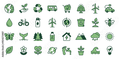 Sustainable environment ecology renewable energy nature conservation zero waste graphic vector icon pack for modern professional web UI app layouts