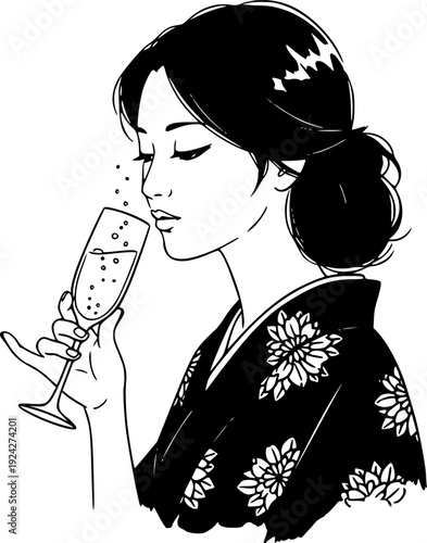Elegant Sumi-e Illustration: Woman Enjoying Sparkling Beverage i
