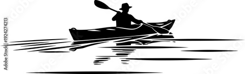 Serene kayaking adventure in sumi-e style minimalist black and w
