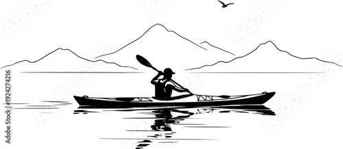 Serene kayaking adventure in sumi-e style minimalist black and w
