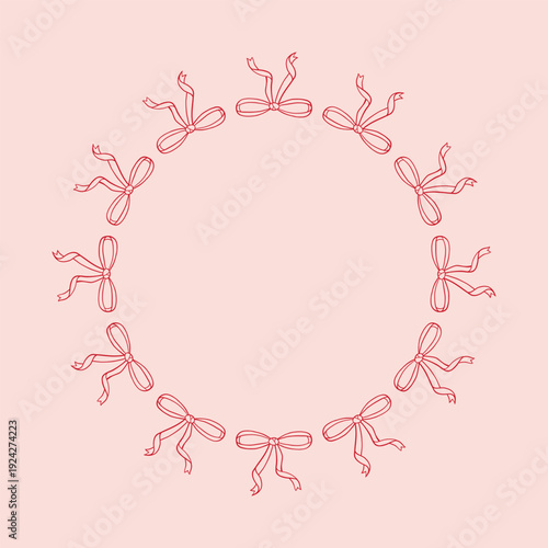 Vector whimsical pretty coquette wreath with skinny ribbon bows in outline on pink background. Charming cute girly bow frame for wedding invitation, greeting card, feminine logo, romantic branding.