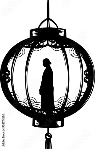 Monochrome Sumi-e Inspired Illustration of a Figure within a Lan
