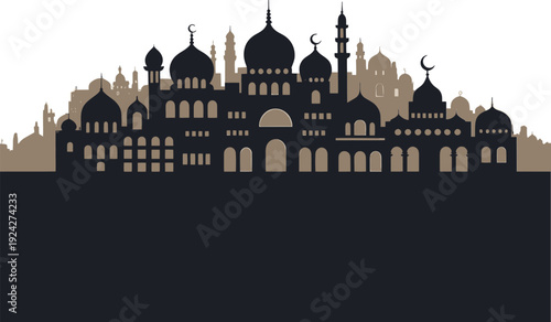 Silhouette of an iconic mosque with distinct domes and minarets against a dark sky
