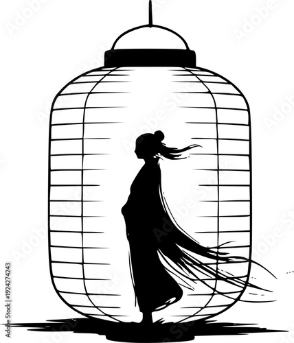 Monochrome Sumi-e Inspired Illustration of a Figure within a Lan
