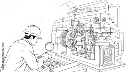 Detailed blueprint analysis by engineer of industrial machine in
