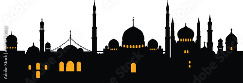 Silhouette of illuminated islamic architectural landmarks against night sky