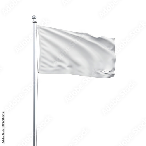 White flag waving on silver pole against white background