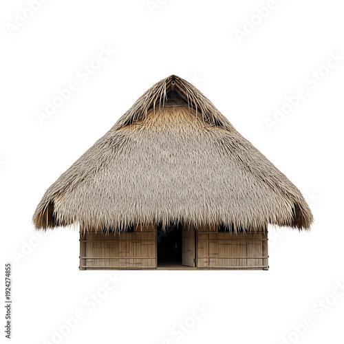 Traditional thatched roof hut with wooden base, isolated on white background