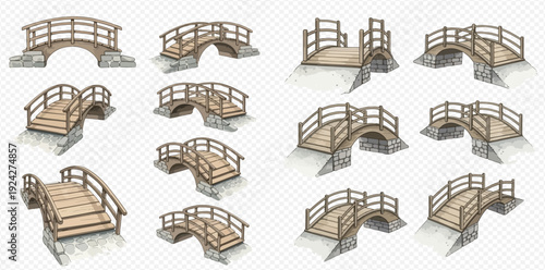 A collection of various hand-drawn wooden bridges with stone foundations, shown from different perspectives and angles.