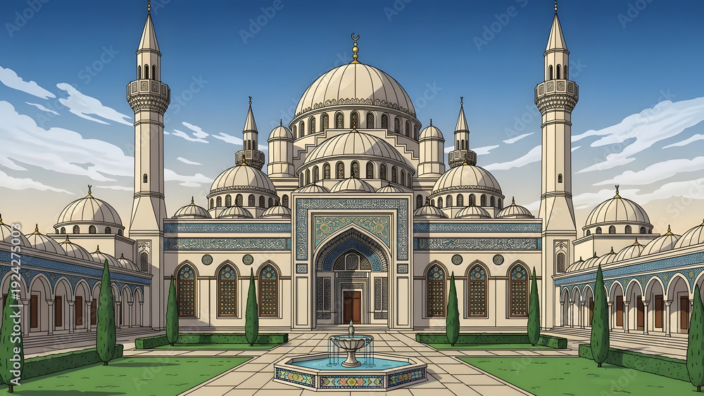 Obraz premium Fantasy mosque with golden domes and minarets architecture