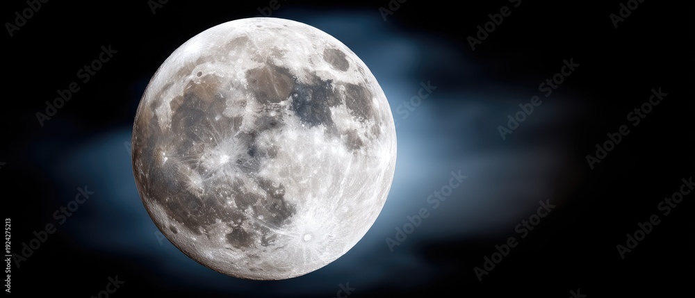 Obraz premium Full moon shining bright in a blue night sky surrounded by clouds captured in high resolution with sharp details and clear focus