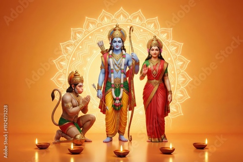Ram Navami Saffron Festival Glow. Divine Family Devotional Poster.