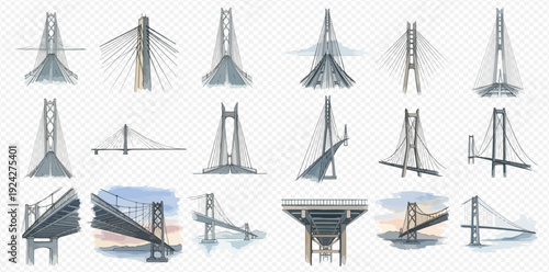 A diverse collection of architectural bridge designs shown from multiple perspectives and angles.