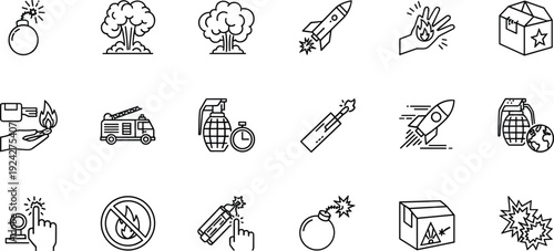 Explosive hazard icon set featuring bombs, grenades, dynamite, rockets, fire trucks, explosion clouds, detonators, flammable warnings, and emergency pyrotechnic safety symbols.