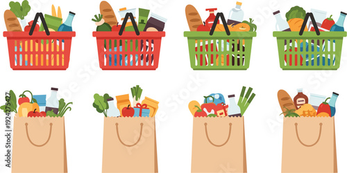 Flat Vector Grocery Shopping Basket and Paper Bag Set Filled with Fresh Bread Vegetables Milk and Food Products for Retail Store Marketing and Supermarket Branding