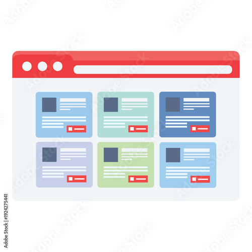 Online Webpage Display: A colorful illustration presents a website interface showcasing a grid of informative cards, ready for interaction.